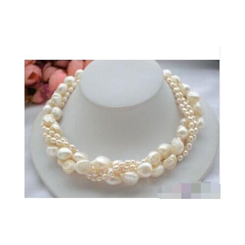 CB74 Beautiful 4row 17" 12mm white baroque rice freshwater pearl necklace