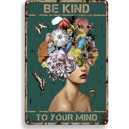ForbiddenPaper Inspirational Quote Metal Tin Sign Wall Decor - Be Kind to Your Mind Flower Vintage Tin Sign