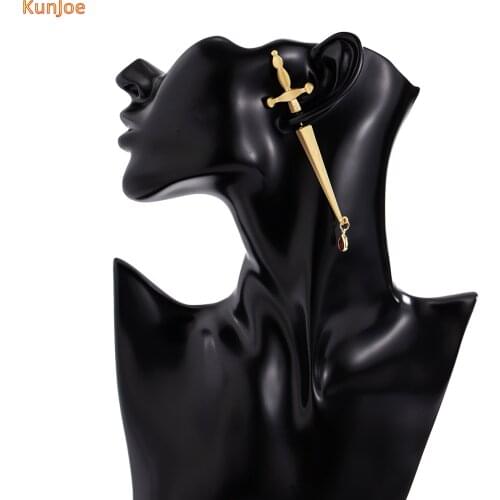 KunJoe Personality Design Long Sword Handle Earrings Fashion Cool HipHop Punk Dagger Shape Earrings Cross Dangle Earring Jewelry