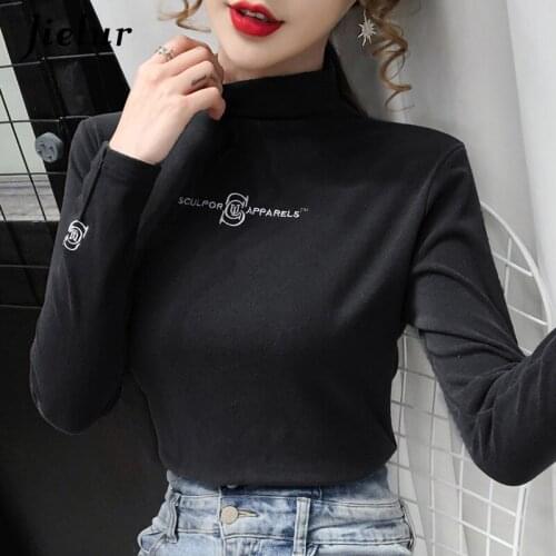 Jielur Turtleneck T Shirts for Women Bottoming Letter Embroidery Female T-shirt Skinny Long Sleeve Lady Tops White T-shirt S-XXL