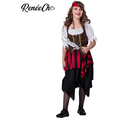 Halloween Costume For Kids Caribbean Pirate Girls Costume Teen Maiden Pirate Matey Cosplay 2018 Dress And Headband Full Set