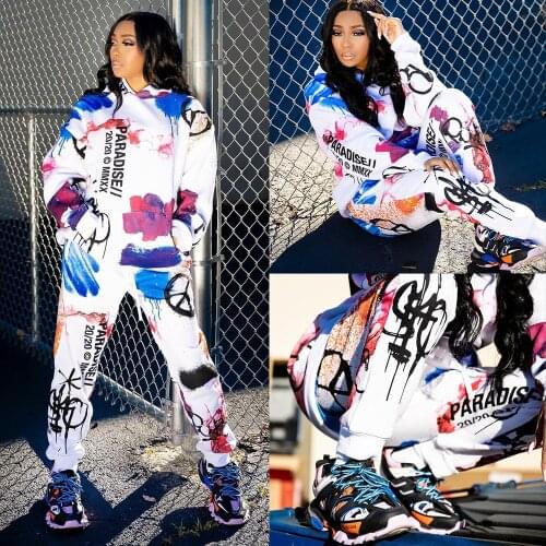 White Ink Letter Print Casual 2 Two Piece Set Womens Sport Suits Hooded Full Sleeve Sweatshirt & Workout Long Pant Tracksuits