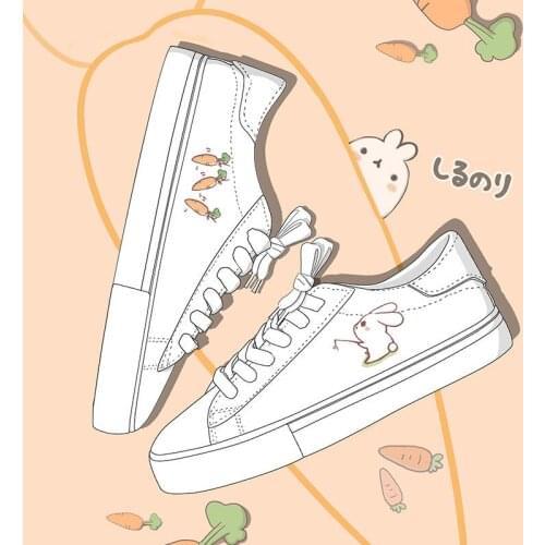 Lovely Women Sneakers Female PU Leather Flats Shoes Ladies Students Casual Trainers Girl Cute Cartoon Rabbit Print Lolita Shoes