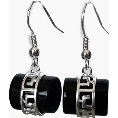 Hot Sell VINTAGE HANDMADE NATURAL BLACK Natural jade 925 SILVER HOOK EARRINGS 1 1/5"
