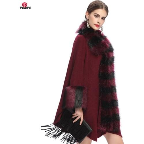 Fashion Luxury Space Dye Faux Fox Fur Cape Coat Lapel Long Knit Cashmere Cardigan Cloak Women Winter Party Dress Shawl Outwear
