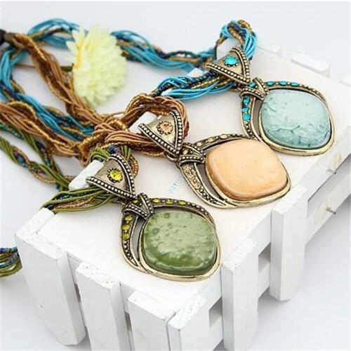 Fashion Bohemian Jewelry Natural Stone Knotted Stone Matching Drop Pendant Necklaces Women Beaded Necklace