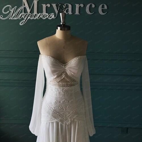 Mryarce 2020 Morden Bridal Silk Chiffon Flowly Boho Chic Wedding Dress Open Legs Lace Bohemian Bridal Gown