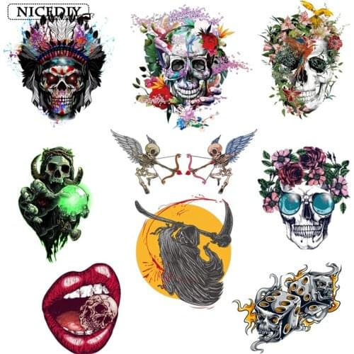 Nicediy DIY Grim Reaper Skull Patches Heat Transfer Vinyl Sticker Stripe Applique On Clothes Stickers Punk Badge Decor Washable