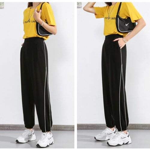 Latest Cheap Women Casual Workout Sports Side Stripe Track Pants Skinny Ladies Jogger Sweatpants Plus Size Loose Trousers Autumn