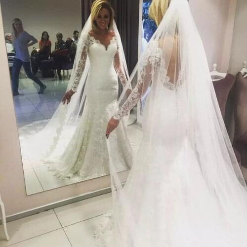Charming V-Neck Long Sleeve Mermaid Wedding Dresses sweep Train Button Bridal Dresses Lace Wedding Gowns Robe De Mariage
