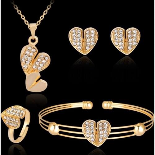 Cute Rhinestones Love Heart Women Girls Necklace Earrings Ring Bracelet Fashion Jewelry Set Wedding Accessories Wholesale
