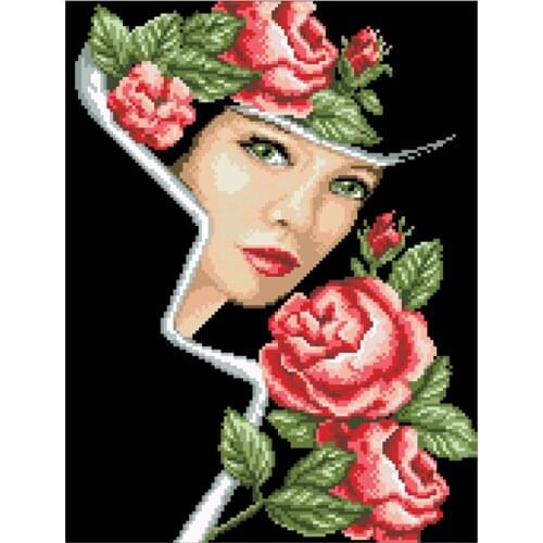Rose lover cross stitch package beauty woman girl 18ct 14ct 11ct black cloth cotton thread embroidery DIY handmade needlework