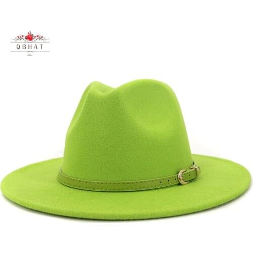 Fashion Lime Green Belt Buckle Decor Artificial Wool Felt Jazz Fedora Hats Women Men Flat Large Brim Panama Cowboy Cap L XL