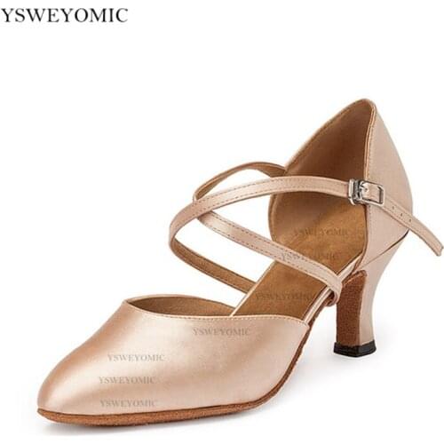 Flesh Satin Women Standard Dancing Shoes 2inch 3inch Stable Practise Latin Ballroom Closed Toe Dance Shoes For Girls