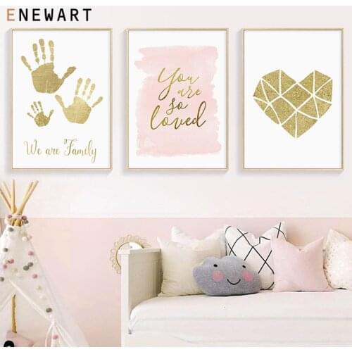 Golden Family Fingerprint Nursery Quote Art Canvas Poster Minimalist Print Geometry Heart Painting Wall Picture for Living Room