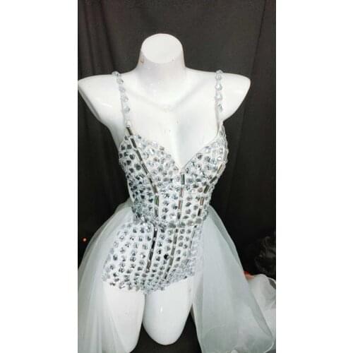 Mesh Trail Dance Outfit Hand Sewing White Rhinestones Bodysuit Catsuit Bar Nightclub Women Sexy Costume Party Catwalk Stage Wear