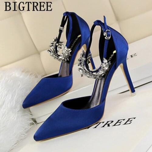 Mary Jane Shoes Wedding Heels Dress Shoes Women Pumps Rhinestone Heels Blue Shoes High Heels Sandals Women Chaussure Femme Talon