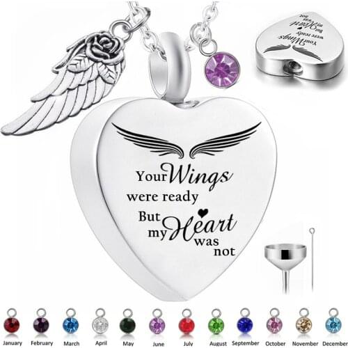 Heart Urn Necklace for Ashes with 12 Months Birthstones Cremation Jewelry for Ashes -Your Wings Were Ready My Heart Was Not