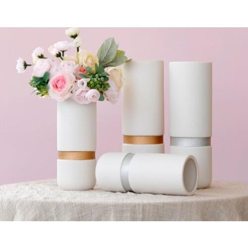 1pc Modern White Flower Vase Matt Ceramic Vase Hemp Rope Golden Silver Plants Container Home Decor Centerpiece
