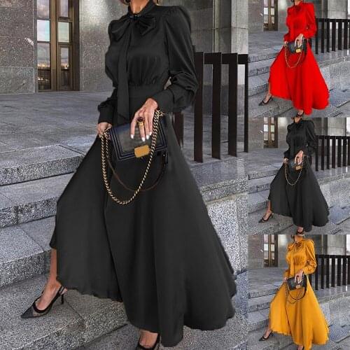 Vintage Bow Tie High Waist Dress Women A-Line Maxi Dress Autumn Full Sleeve Party Proms Dresses Plus Size Fashion Female Dress
