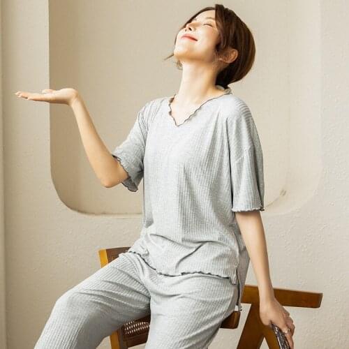 Womens Pajamas Set V Neck Short Sleeve Modal Sleepwear Trousers Home Clothes Loose Two Piece Pijamas Suit New Pyjama Female