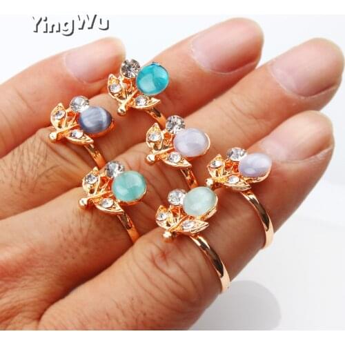 Yingwu Vintage Natural Opal Cat Eye Stone Golden Rings for Women Mix Color Flower Statement Ring Lovely Jewelry 20pcs