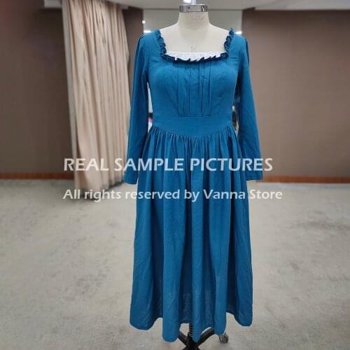 Women Victoria Royal Photography Casual Dress Vintage Elegant Tea Length Princess Long Sleeves Linen Square Neck Longue Robe