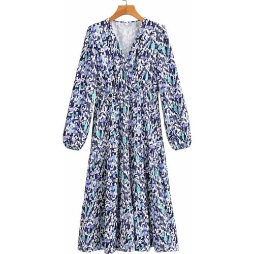 YENKYE New Fashion Women Vintage Print Dress Female Cross V Neck Long Sleeve A-line Casual Dress Summer Vestido