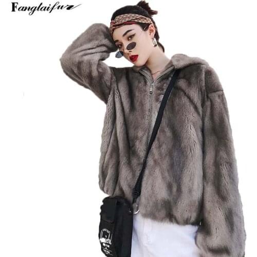 Fang Tai Fur 2019 Import Velvet Mink Fur Coat With Fur Hood Slim Mink Coat Womens Motorbiker Style Short Real Mink Fur Coats