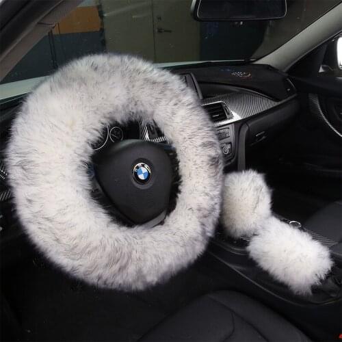 3pcs/set Winter Wool Car Steering Wheel Cover Long Australian Wool Heated Fur Steering Wheel Cover Handbrake Gear Shifter Cover