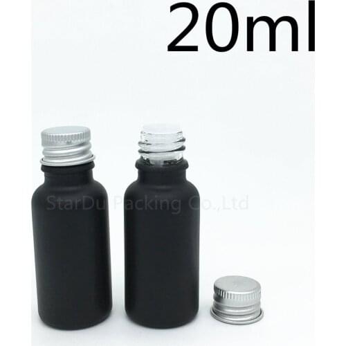 Free Shipping 500pcs 20ML Black Frosted Glass Bottle 20ml Vials Essential Oil Bottle with Aluminum cover Perfume bottles