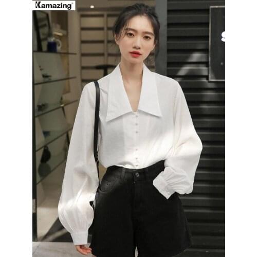 Vintage Lantern Sleeve Spring Winter Women Shirt Blouses Single Breasted Blouse Female Loose Shirts Tops