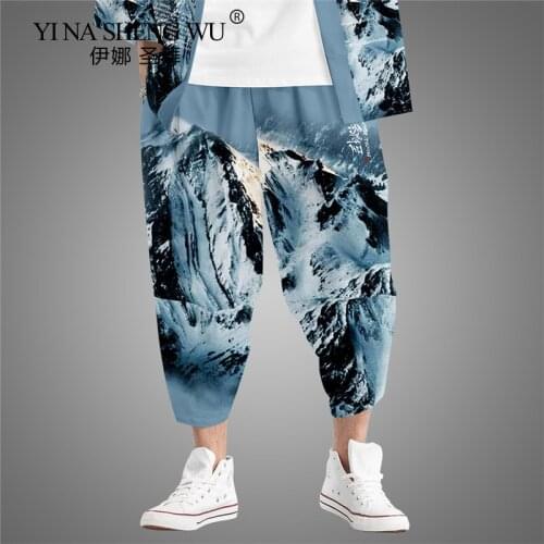 New Japanese Style Harajuku Men Trousers Samurai Costume Loose Fashion Printed Male Traditional Bloom Pants Hip-hop Casual Pants