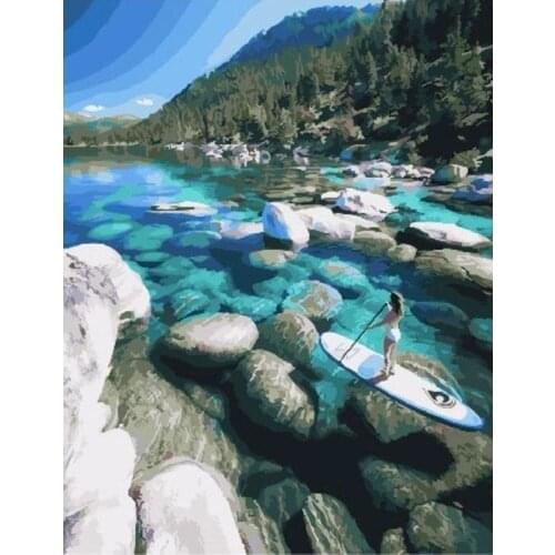 GATYZTORY Frame DIY Painting By Numbers Kits Woman Rowing Landscape Hand Painted Oil Paint By Numbers Unique Gift Home Decor