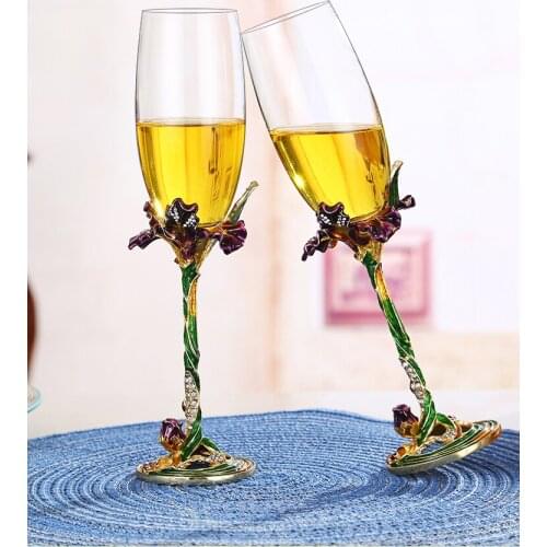 2 PCS / Set Crystal Wedding Champagne Flutes Stand Metal with Enamel Creative Style Goblet Glass Wedding Birthday Gifts