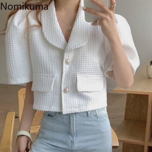 Nomikuma Short Thin Women Coat Puff Short Sleeve Turn-down Collar Jacket Causal 2021 New Single Breasted Solid Outwear Top 6G004