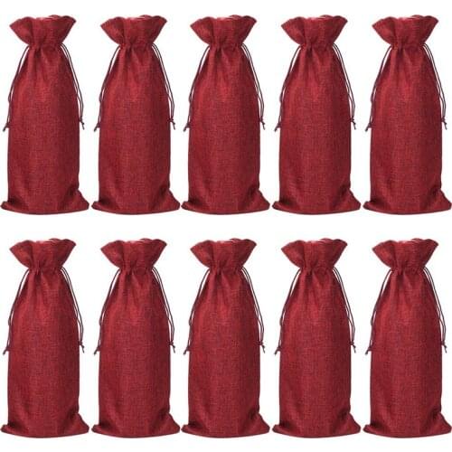 10Pcs Jute Wine Bags, 13.7 x 5.9 Inches Hessian Wine Bottle Gift Bags with Drawstring (Wine Red)