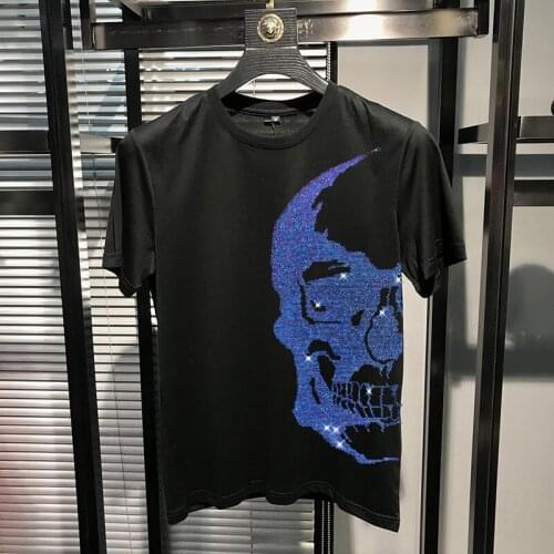 Skull Rhinestone Mens T-Shirt Modal Cotton O-Neck Slim New Design Sweatshirt Printed Top