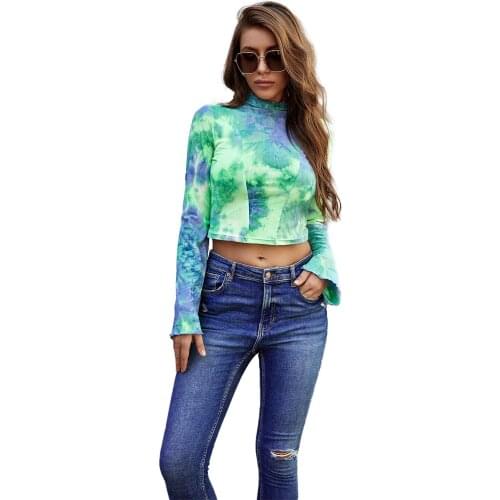 New Fashion Women Fashion Long Sleeve Tie-dye Print Top Stylish High Collar Crop Top for Ladies