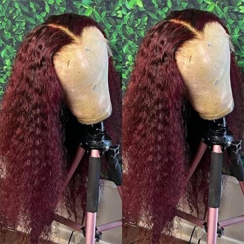 Curly Lace Front Human Hair Wigs Burgundy 99J Lace Front Wigs Pre Plucked Brazilian Human Hair Closure Wig T Part Lace Wig 180