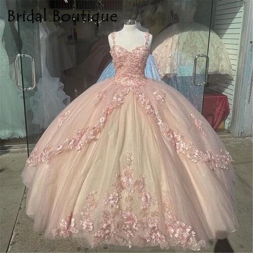 Princess Pink Quinceanera Dresses Mexican Lace Applique Sweet 15 16 Ball Gown Dress Party Tulle Elegant Long Prom Dresses