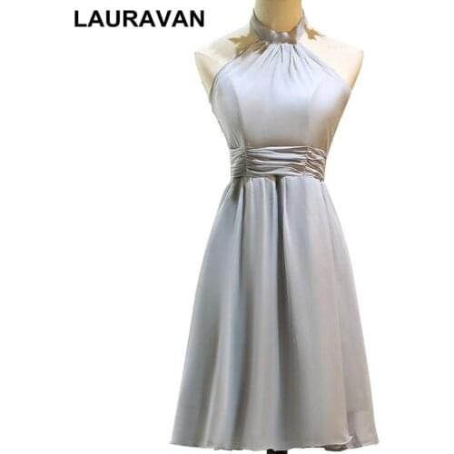 Real sample womens elegant halter short girls grey chiffon bridesmaid dresses robe soiree sexy dress for sweet 16 wedding party
