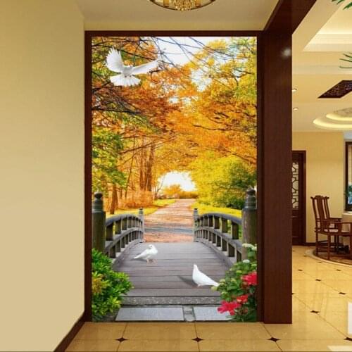 Drop Shipping Wallpaper 3d Golden Autumn Tree Bridge Mural Living Room Cafe Lounge Mural 3D Entrance Aisle Backdrop Wallpaper