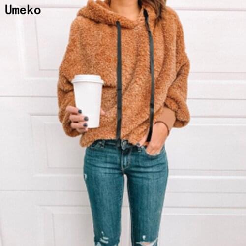 Umeko 2020 New Warm Pullover Hooded Lace Up Plush Sweatshirt Womens Casual Solid Color Loose Versatile Multicolor Top Plus Size
