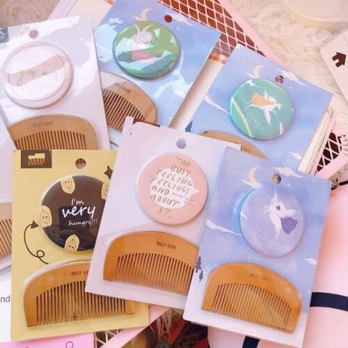 Lovely Cartoon Peach Wooden Comb Mirror Suit Portable Hair Brushes For Girls Travel Accessories Portable Mini Combs