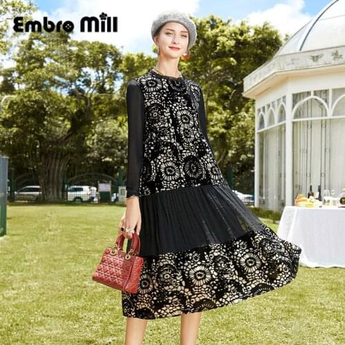 Silk Long Sleeve Dress Female new Autumn Street Style Black Loose Mid-length Splice Stylish And Elegant A-line Dress S-XL