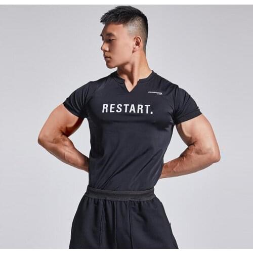 Gym Exercise T-Shirt Summer Quick Dry Fitness Training Men Elasticity V-neck Tees Letter print Male Short Sleeve