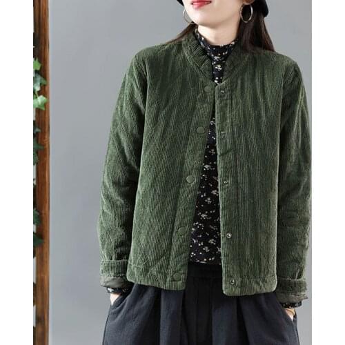 Lucyever Vintage Corduroy Short Coat for Women Brown Stand-collar Cotton Casual Jacket Female Autumn Quilted Thicken Jackets Top