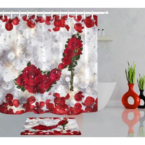 Valentines Day Shower Curtain Red Rose Flower Petal High Heels Polyester Fabric Bath Curtains Bathroom Decoration with Hooks