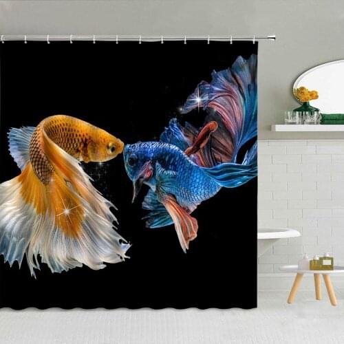 Colorful Fish Kissing Creative Pattern Shower Curtain Sea Animal Black Backdrop Kids Fashion Bathroom Decor Waterproof Curtains